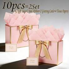 10pcs Set (2 Large Gift Bags, 2 Ribbons, 2 Greeting Cards, 4 Sheets Of Gift Paper) / 25pcs Set (5 Large Gift Bags, 5 Ribbons, 5 Greeting Cards, 10 Sheets Of Gift Paper) Portable Paper Gift Bags With Handles, Suitable For Birthdays - A - View 15