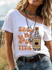 Camiseta de mujer, atuendos de verano para mujer, ropa de verano "Muéstrame tu botella de Tito's Vodka" 100% algodón, transpirable, manga corta, camiseta gráfica con estampado "Muéstrame tu botella de Tito's Vodka", verano, hombros descubiertos, 1 pieza, 150g, tops de verano, regalo adecuado para hombres - Blanco - Ver 2
