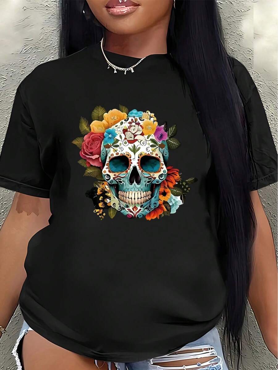 Camiseta de manga corta ligera y duradera, con vibrantes estampados de calaveras y flores, perfecta para ocasiones informales, fiestas, festivales o uso diario.blusa casual mujer - Negro - Ver 1