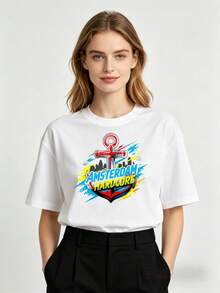 Camiseta de manga corta estampada de estilo casual premium para mujer, con diseño de ancla estilo Amsterdam hardcore. Adecuada para uso familiar y en pareja. Perfecta para primavera y verano. Regalo ideal para el Día de la Madre. Ecológica. - Negro - Ver 5