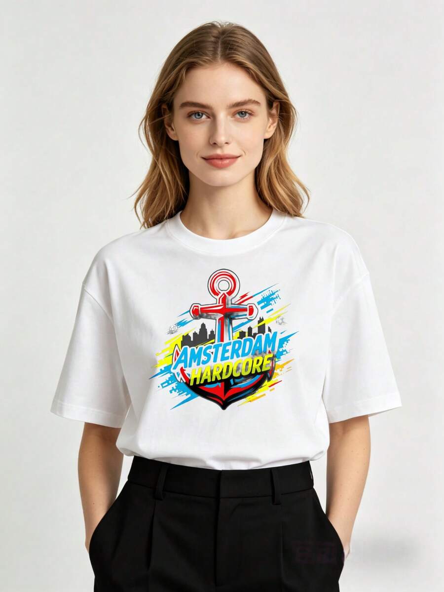 Camiseta de manga corta estampada de estilo casual premium para mujer, con diseño de ancla estilo Amsterdam hardcore. Adecuada para uso familiar y en pareja. Perfecta para primavera y verano. Regalo ideal para el Día de la Madre. Ecológica. - Blanco - Ver 1