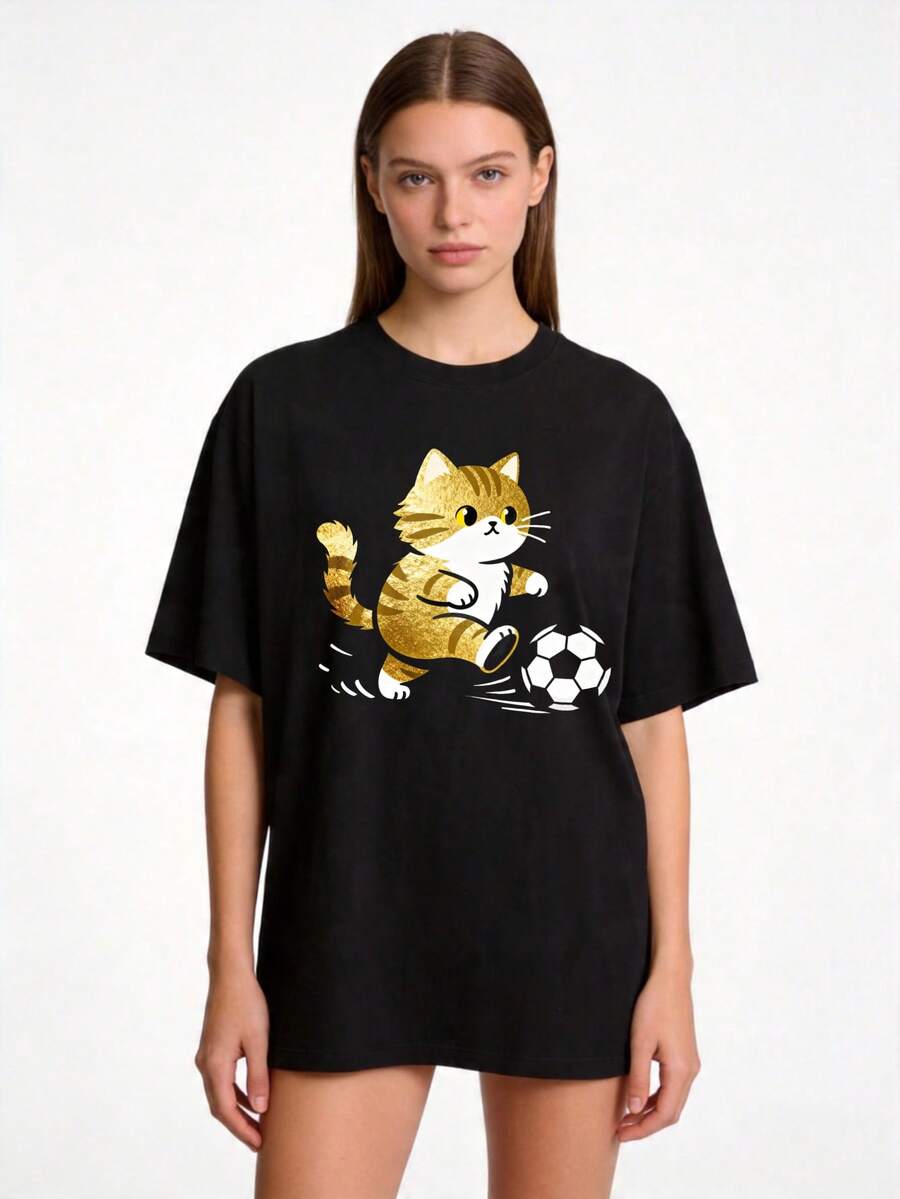Premium Casual Everyday T-Shirt For Women, Sizes S-2XL, Short Sleeve, Pure White With A Gold Cat Print, Ideal For Family And Couple Outfits, Perfect For Spring And Summer, A Great Gift For Mom, Mother's Day Gift, For Relatives And Best Friends. . - 黑色 - 查看 1
