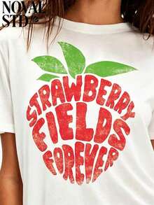1 Piece Of White Short-Sleeved T-Shirt With Round Neck, Casual Holiday Style, Loose And Multifunctional, With Beatles Strawberry Field Forever Print For Women, Ideal For Everyday Wear. 180g 100% Cotton. - 白色 - 查看 3