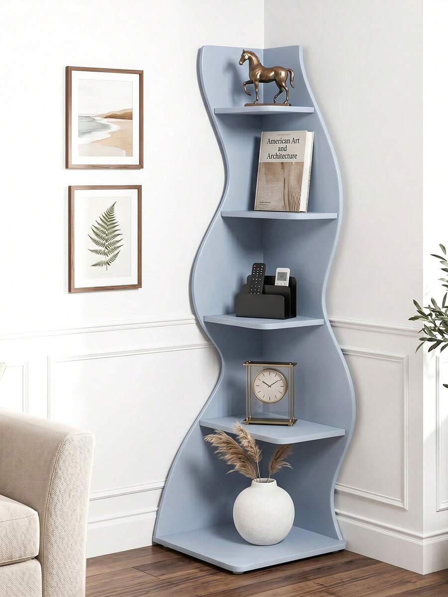 70-Inch Five-Layer Corner Bookshelf, Book Corner, Corner Display Cabinet, Room Decoration Shelf, Bedroom Decoration Shelf, Suitable For Living Room, Study And Bedroom, Easy To Install, Indoor Plant Stand, Modern And Simple Style - Blue - View 1