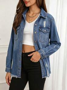 Fashion Women's Long Sleeve Denim Jacket, Distressed Mid-Length Coat With Button Pockets And Ripped Hem Design, Essential Denim Jacket For Autumn - Medium Wash - View 5