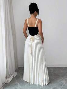 Vestido plisado de línea A con cintura ceñida, cuello en V sin mangas y contraste de colores, vestido elegante y romántico delicado para mujeres, temporada de bodas, fiestas, con decoración de ribete floral - Multicolor - Ver 2