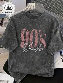 90s Retro Print Women's T-Shirt - Casual Short Sleeve Crew Neck Washed Top, Suitable For All Seasons Black Summer - Black - View 6