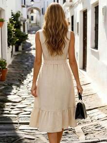 Vestido de mujer con cuello en V sin mangas y cintura ceñida, elegante y elegante para negocios, oficina, exteriores, viajes, vacaciones clásicas y casuales, romántico, fiesta, playa, estilo urbano chic, uso diario, vestido midi con cintura anudada y escote en V profundo sin mangas - Albaricoque - Ver 2