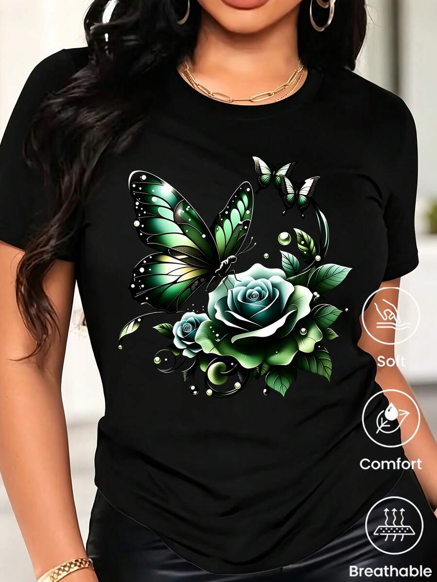 180g Made In Mexico, Spring/Summer 2026 Fashion Short Sleeve T-Shirt, Cartoon Print, Couple Style, Underwear/Outerwear, Casual Round Neck For Office, Unisex One Piece Top - 黑色 - 查看 1