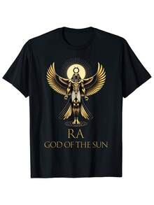 Men's T-Shirt With Design Of The Egyptian Pharaoh Sun God Ra - Heavyweight 180g Cotton In Black And Gold With An Ancient Style Design, Showing The Wings Of Horus And The Scepter Of Anubis, Breathable For Casual Outdoor Wear In All Seasons, Vintage Egyptian Mythology Themed T-Shirt. - 黑色 - 查看 1