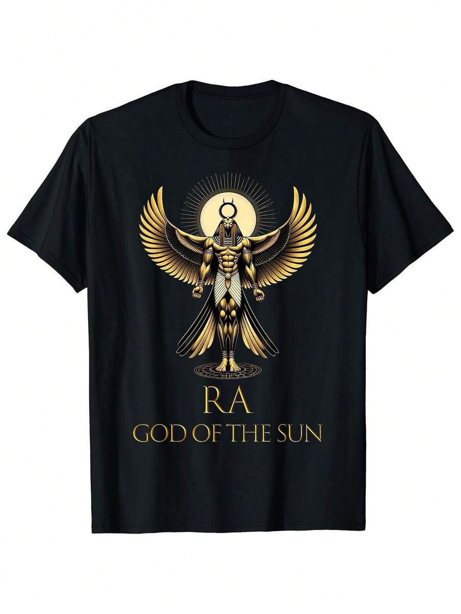 Men's T-Shirt With Design Of The Egyptian Pharaoh Sun God Ra - Heavyweight 180g Cotton In Black And Gold With An Ancient Style Design, Showing The Wings Of Horus And The Scepter Of Anubis, Breathable For Casual Outdoor Wear In All Seasons, Vintage Egyptian Mythology Themed T-Shirt. - 黑色 - 查看 1