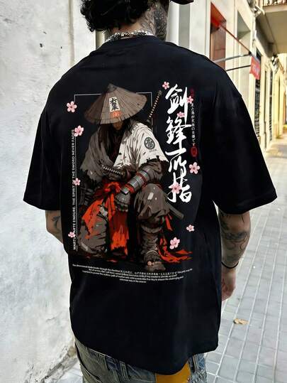  FRACTYR 男士夏季休闲街头风日式武士樱花汉字印花宽松T恤，舒适透气短袖上衣，适合户外穿着，纯色休闲衬衫