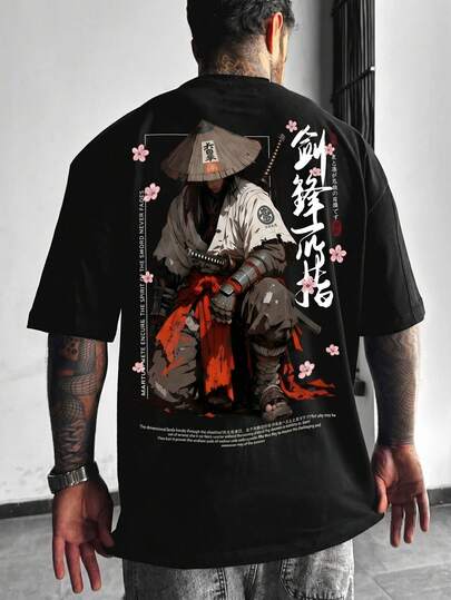  FRACTYR 男士夏季休闲街头风日式武士樱花汉字印花宽松T恤，舒适透气短袖上衣，适合户外穿着，纯色休闲衬衫