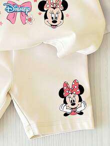 Disney 女嬰 Minnie Mouse 蝴蝶結印花圓領短袖 T 恤 + 白色短褲套裝，3 歲以下女童休閒 Coquette 風格服飾 - 米色 - 查看 7