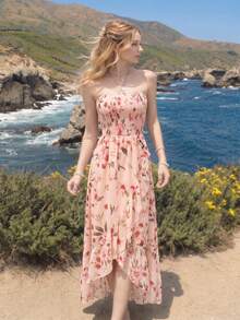 QIANZHIDU Vestido largo de mujer con estampado floral menudo, estilo casual elegante de verano para vacaciones, adecuado para playa, jardín, festival, fiesta, reunión y oficina - Rosa - Ver 6