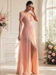 Đầm dạ hội nữ xuân/hè màu hồng nhạt dáng rủ, cổ chữ V, hở vai, xếp ly đuôi dài - chất liệu chiffon bóng bẩy, tôn eo, phong cách sang trọng cho tiệc tùng - Màu Hồng baby - Xem 1