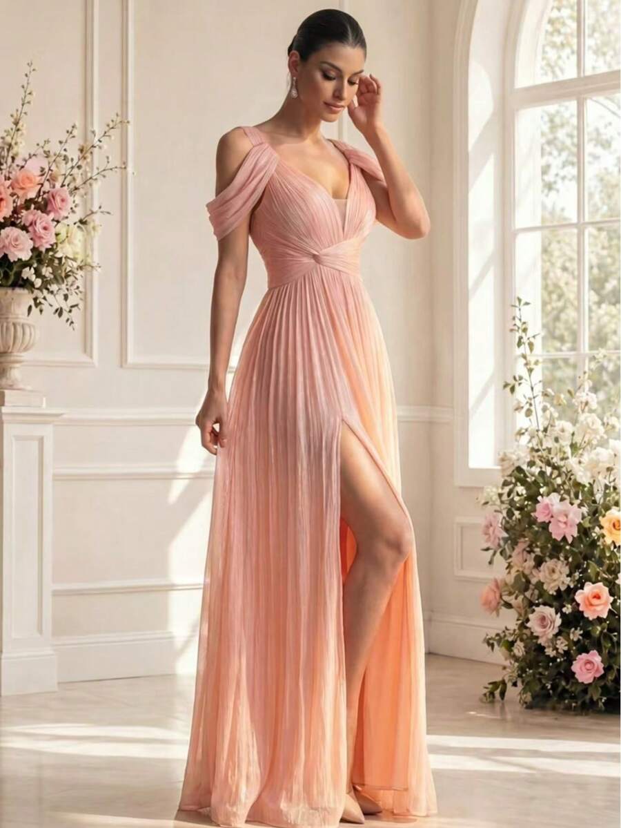 Đầm dạ hội nữ xuân/hè màu hồng nhạt dáng rủ, cổ chữ V, hở vai, xếp ly đuôi dài - chất liệu chiffon bóng bẩy, tôn eo, phong cách sang trọng cho tiệc tùng - Màu Hồng baby - Xem 1