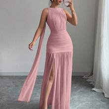 Vestido plisado con abertura y espalda descubierta de unicolor elegante para mujer, de verano - Rosa - Ver 5