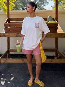 Women's Casual Beach T-Shirt, Loose Fit With Raglan Sleeves, Striped And Letter Print, Pastel Colors, Ideal For Vacations, Graduation Trips, Beach Parties, Music Festivals - 白色 4 - 查看 7