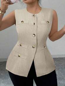 ajustado de estilo francés minimalista, versátil y cómodo con abertura frontal, adelgazante, blazer de verano para mujer de talla grande de tejido tejido elegante y sofisticado - Caqui - Ver 5