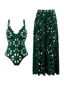 Swim Oasis Nuevo conjunto de vestido de traje de baño de una pieza con espalda descubierta y corte láser sexy de verano, traje de baño de alta moda - Verde Oscuro - Ver 7