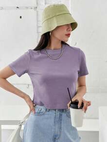 Camiseta de punto acanalado sólido, estilo "Old Money", Crop Tops, Ropa casual de negocios para mujer - Púrpura polvoriento - Ver 4