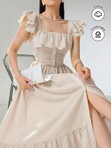 Vestido con cuello con volantes, abotonado, elegante y romántico para mujer - Caqui - Ver 1