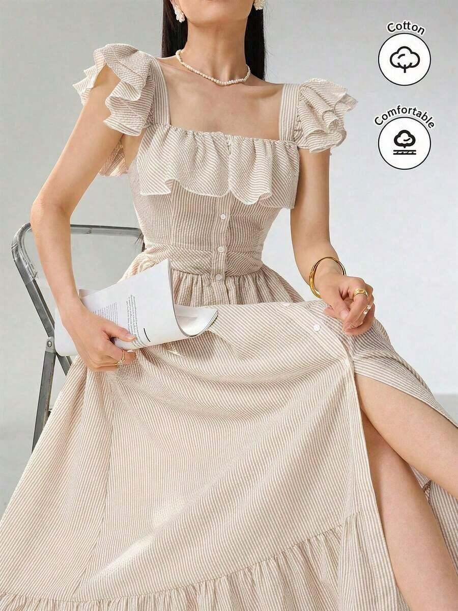 Vestido con cuello con volantes, abotonado, elegante y romántico para mujer - Caqui - Ver 1