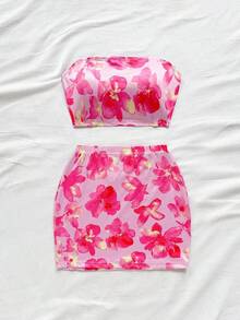 con estampado floral Top bandeau & Falda ajustada - Multicolor - Ver 4