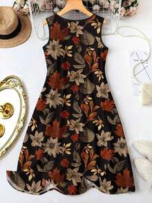 Vestido de tirantes con cuello redondo y estampado de hojas en talla grande, vestido informal de línea A, adecuado para vacaciones, playa y uso diario, conjunto de ropa de verano para mujer - Multicolor 3 - Ver 2