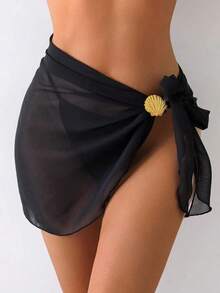 1 pieza Falda A-line de gasa con lazo lateral de unicolor, cubre para mujer en verano - Negro - Ver 6