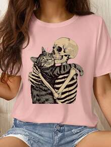 LUNE Camiseta de manga corta casual, cómoda y versátil para mujer con estampado de calavera y gato, adecuada para el hogar y el exterior - Rosa vieja - Ver 7