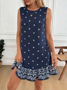 Vestido de línea A sin mangas con estampado floral y volante en el bajo, vestido casual, suelto y elegante para la oficina o vacaciones, para mujer, primavera/verano - Azul marino - Ver 5