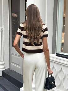 Blusa de punto de manga corta con rayas de color contrastante para mujer - Multicolor 3 - Ver 2