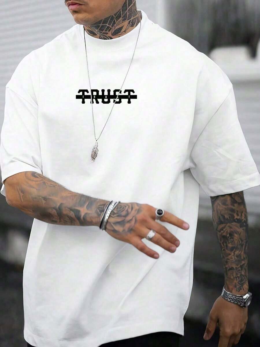 1528 Camiseta de manga corta con cuello redondo y estampado de letras para hombre, ropa casual de estilo urbano. - Blanco - Ver 1