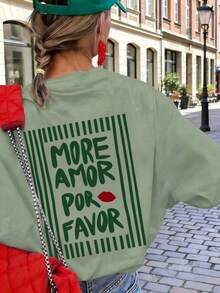 1 Women's Summer T-Shirt, Loose Fit, Round Neck, Short Sleeve, Striped Print With The Phrase "MORE LOVE PLEASE", Suitable For Parties, Holidays, Office, Daily Wear, Dates, Meetings, Streetwear, A Casual Summer Basic. - 綠草 - 查看 8