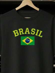 Brazil Unisex Fan T-Shirt 100% Cotton Brazilian National Football Team Unisex Short Sleeve Crew Neck Casual Brazil World Cup Premium Soft Cotton - 黑色 - 查看 3