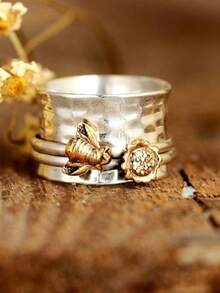 Sunflower And Bee Ring, Spinner Ring, Nature Ring, Meditation Spinning Wide Band, Anxiety Fidget Ring - 彩色 - 查看 17