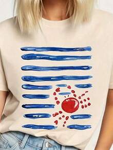 Women's Casual Summer T-Shirt With Crab Walking Towards The Sea Design | Versatile Printed T-Shirt For Women, Spring-Summer Season, Machine Washable, 95% Polyester, 5% Spandex, Knit Fabric, Regular Length, Everyday Wear For Men And Women, Blouses For Women, Holiday Wear For Women. - 杏色 - 查看 12