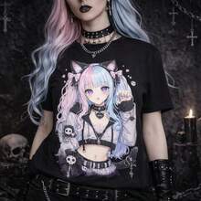 Pastel Goth Anime Catgirl Oversize TShirt Kawaii Aesthetics, Harajuku Streetwear, Alt Clothing, Soft Goth Manga Tee, EGirl Style Shirt - 黑色 - 查看 1