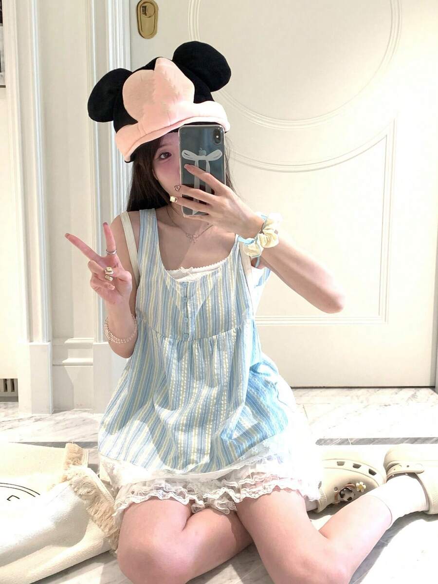 甜美条纹蕾丝吊带背心,宽松无袖女式衬衫,夏季休闲款 - 藍色條紋 - 查看 1