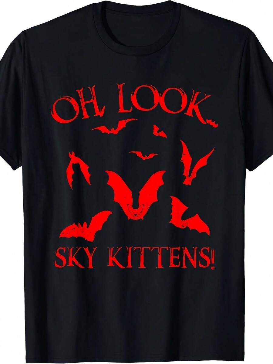 Funny Bat Lover T-Shirt, Gothic Horror Style For Men And Women - Oh, Look At The Kittens In The Sky! Slogan With Red Bat Silhouettes - 100% Relaxed Fit Crew Neck Short-Sleeve T-Shirt - Unisex Casual Wear And Perfect For Halloween Parties. Same Style For Men And Women, Summer 2025. - 黑色 - 查看 1