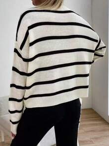 2026 European & American Style Women's Plus Size Striped Fashion Versatile Knit Pullover Sweater, Regular Length Long Sleeve Round Neck Top, Suitable For Autumn/Winter Casual Wear, Slouchy Loose Fit Pullover Sweater - Multicolor - View 2