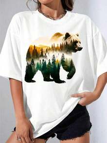 GiftGirl's Unisex Plus Size White T-Shirt With White Bear And Forest Landscape Print, For Casual Outdoor Wear, Outdoor Parties, Casual Printed T-Shirt, Soft - 白色 - 查看 4