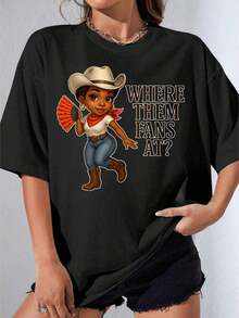 GiftGirl's White Denim Style T-Shirt, With Cartoon Cowgirl Design With Fan And 'Where Are The Fans' Text, For Women's Casual Wear, Summer Outfit, Urban Fashion, Outdoor Party, Casual Printed T-Shirt, Soft. - 黑色 - 查看 1