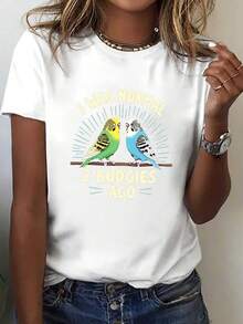 She Was A Normal Person (Before Raising Two Parakeets) Printed T-Shirt, Casual Short-Sleeved Round Neck Top, Spring/Summer Clothes For Women, Blouses For Women. - White - View 7