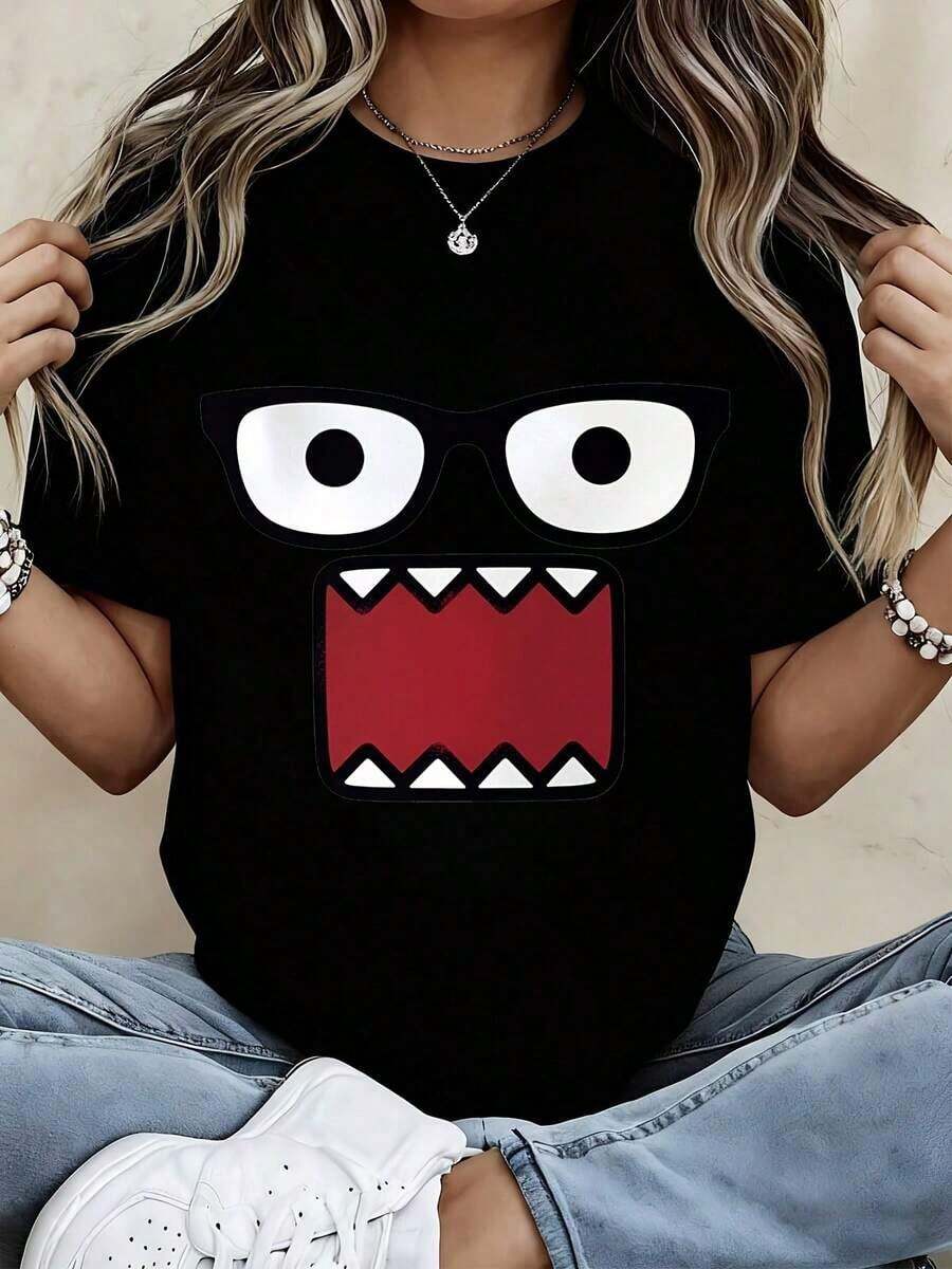 Limited Time Offer, Limited Quantity Available, Flash , Women's Shirts, Women's T-Shirts. Women's Fashionable T-Shirt With Cartoon Monster Face Design For Casual Wear And Everyday Outfits - 黑色 - 查看 1