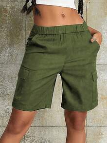 1 Peça Shorts Cargo Casual Solto para Adolescentes Femininas com Múltiplos Bolsos, Estilo Esportivo Chique, Shorts Utilitários para Uso Externo, Primavera/Verão - Verde Militar - Visão 2