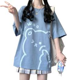 playera con diseño de oso kawaii para mujer, lindas camisetas con gráficos de anime japonés, de dibujos animados, de manga corta, holgada, de gran tamaño - Azul - Ver 1