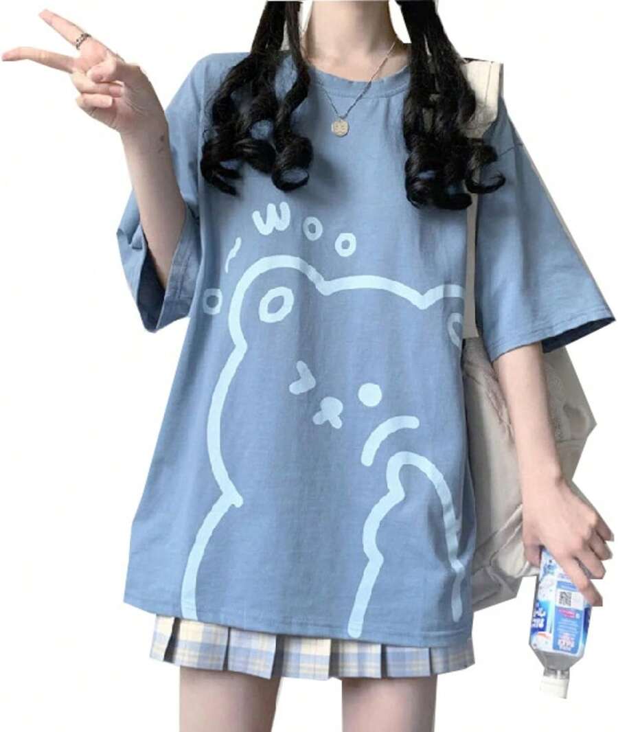 playera con diseño de oso kawaii para mujer, lindas camisetas con gráficos de anime japonés, de dibujos animados, de manga corta, holgada, de gran tamaño - Azul - Ver 1